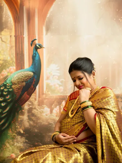 A quiet, emotional moment captured during a traditional saree shoot. The soft lighting and gentle pose highlight the mother's deep connection with her unborn child.