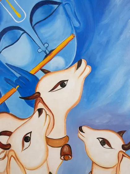 A modern painting of Lord Krishna with cows, shot to preserve the beautiful blue tones and emotional feel of the artwork.