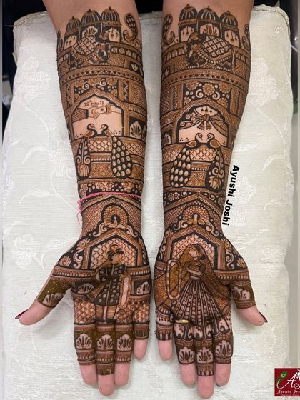 This intricate bridal mehendi includes all the key wedding rituals. It features the Varmala ceremony, Hastmelap, and Gathbandhan, surrounded by peacocks and elephants.