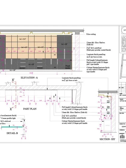 After the concept is approved, I create detailed technical drawings like this one. This elevation and section plan for the office cabin's storage unit specifies every dimension, material, and finish, ensuring flawless execution during construction.