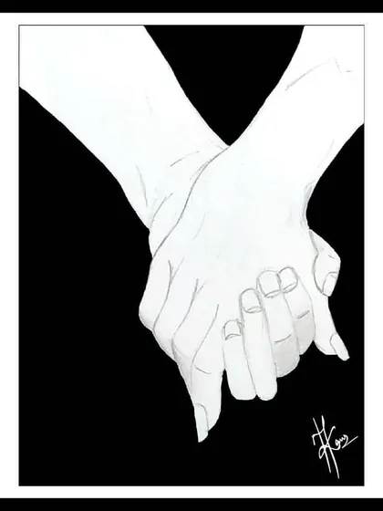 Inspired by song lyrics about waiting for someone, this pencil sketch of two hands interlocking in the dark is about connection and hope. It’s a simple, intimate drawing about reaching out for another.