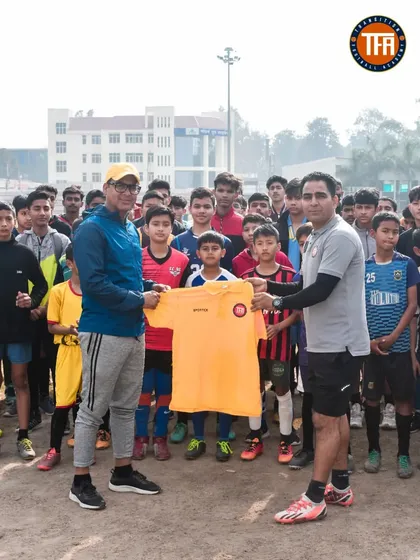 My Head Coach, Manoj Joshi, felicitating an official from the Dehradun Football Association during our trials. I believe in building strong relationships within the football community.