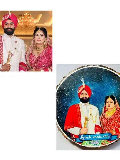 Here’s how I turn a cherished photo into a timeless keepsake. This custom wedding portrait is hand-painted on a mango wood slice, complete with a beautiful galaxy background and the couple's special phrase, 'Jyonde vasde rahe'.