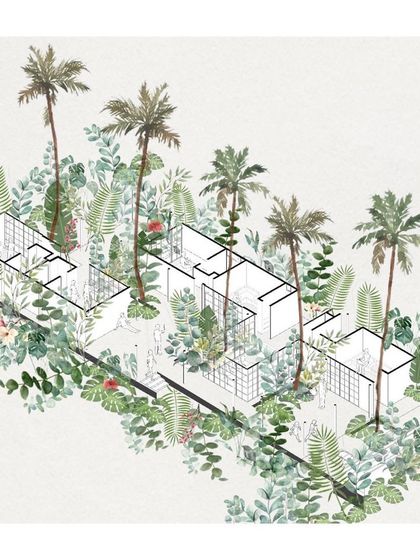 An initial planning diagram for a residential project, showing how individual living units are organized around a central path and embedded within a dense, jungle-like landscape.