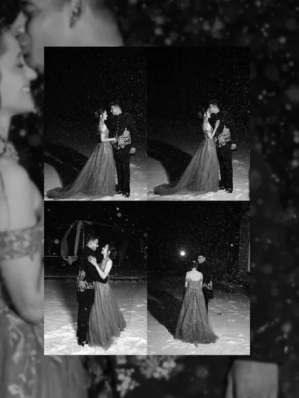 A black and white collage of a couple's magical night shoot in the snow, showing them with an umbrella and embracing in the winter wonderland.