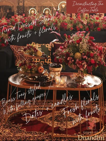 Another take on deconstructing the coffee table, this time incorporating fruits. A tiered dessert stand with grapes and pomegranates, alongside fresh florals, adds a touch of organic abundance and color.