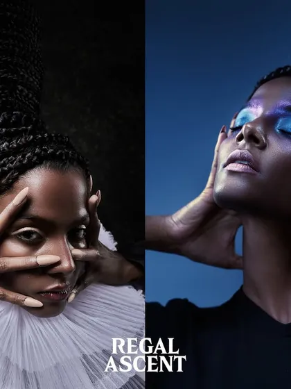 Another diptych from 'Regal Ascent', pairing a close-up of the architectural hair with a beauty shot featuring iridescent blue makeup.