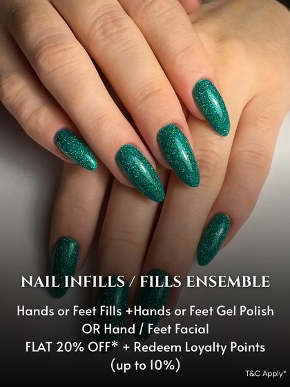 Perfect for maintaining your extensions, this image shows a beautiful set of green glitter nails after an infill service. Infills help keep your extensions looking fresh and flawless for longer.