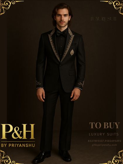 A full-length view of the embroidered black tuxedo, designed for the most formal and high-profile occasions.