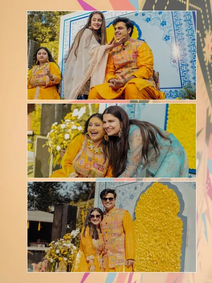 A collage of candid moments from the Haldi, featuring playful interactions with family, capturing the genuine laughter and love.