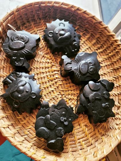 A batch of my fun, animal shaped Charcoal Facial Soaps. These are not just cute; the charcoal provides a deep cleanse, making them perfect for detoxifying your skin.