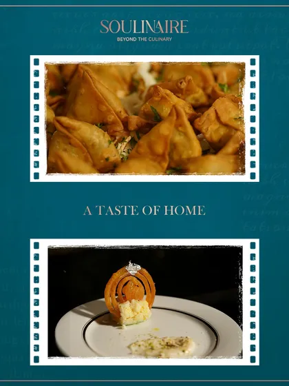 A collage of comfort food, including classic samosas and a deconstructed jalebi dessert. We serve tastes of home that rekindle cherished memories.