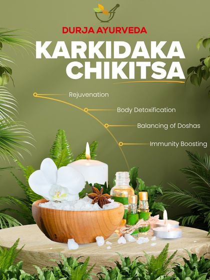 This visual illustrates the journey of Karkidaka Chikitsa, leading to rejuvenation, body detoxification, dosha balancing, and immunity boosting for year-round health.