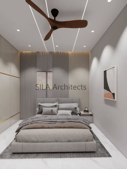 A minimalist bedroom concept with clean lines, a unique fan design, and subtle gold accents on the wardrobe, reflecting a sophisticated European aesthetic.