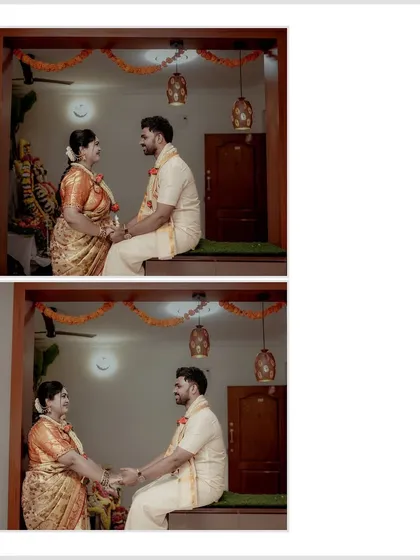 A diptych showing the couple holding hands in their new home during the housewarming ceremony. It’s a moment filled with hope and new beginnings.