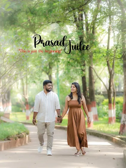 A beautiful walking portrait of a couple in a park, with their names elegantly scripted over the image. The soft, natural light creates a dreamy and romantic atmosphere.