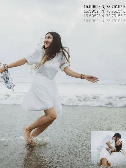 A creative edit from a Goa pre-wedding shoot, combining a joyful action shot with geographic coordinates.