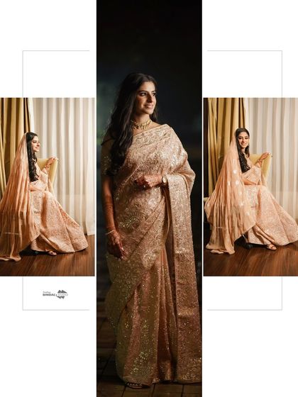 A triptych showcasing the bride's stunning embellished saree from multiple angles. This is a perfect way to capture the full detail and beauty of a ceremonial outfit.