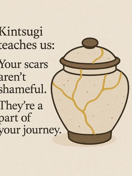 Kintsugi teaches a powerful lesson: your scars are not shameful. They are a beautiful and integral part of your journey, as shown in this illustrated pot.