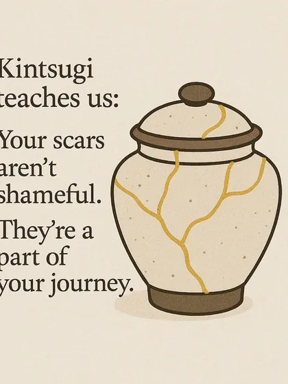Kintsugi teaches a powerful lesson: your scars are not shameful. They are a beautiful and integral part of your journey, as shown in this illustrated pot.