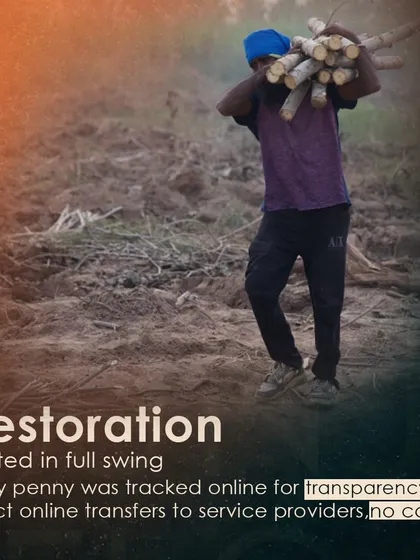 Restoration began with a commitment to transparency. Every rupee raised for the grassroots rebuilding of the village was tracked online, with direct transfers to service providers and no cash transactions. Here, a local is seen carrying materials for the reconstruction effort.