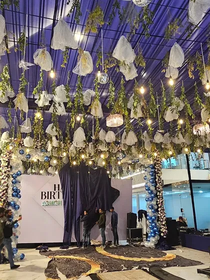 Another view of the spectacular ceiling decor for a large-scale birthday event, creating an immersive and luxurious atmosphere.