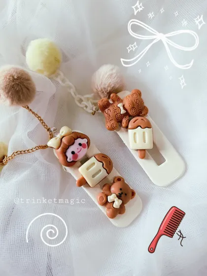 For the sweet-toothed and teddy bear lovers, these handmade hair clips are a dream. I’ve combined adorable teddy bear and ice cream charms on these clips, perfect for a soft, kawaii look.