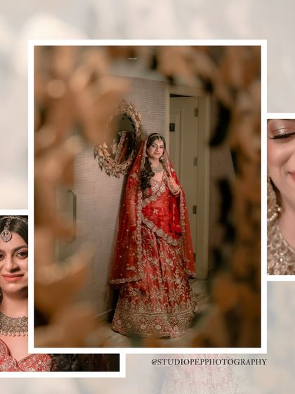 A collage of the bride, Payal, showcasing her elegant red lehenga and her happy, radiant expressions on her wedding day.