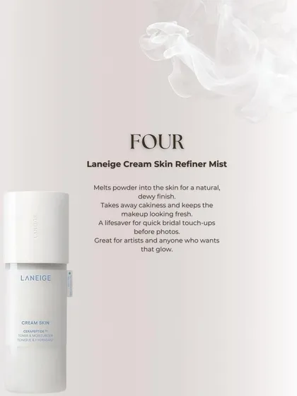 The Laneige Cream Skin Refiner Mist is a lifesaver for quick touch-ups. It melts powder into the skin for a natural, dewy finish and takes away any cakiness, keeping the makeup looking fresh.
