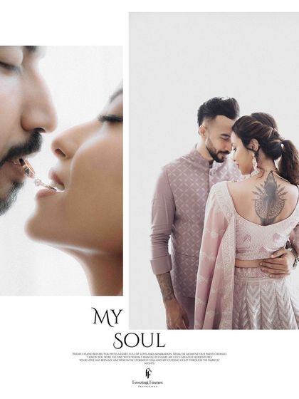 A creative collage showing an intimate moment between the couple, with a unique shot of their rings balanced between their lips, symbolizing their sweet promise.