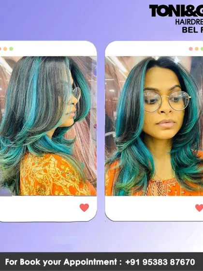 Dare to be different. We love helping our clients express themselves with bold fashion colors like this vibrant turquoise, expertly blended into a dark base for a high-contrast, edgy look.