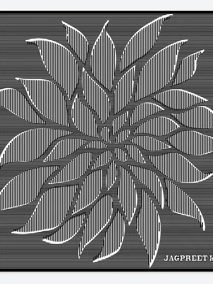 An optical illusion piece where a dahlia flower is formed from straight vertical lines. It’s a reminder that if you look too closely at the individual parts, you might miss the beauty of the whole picture.