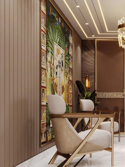 This angle showcases the striking Pichwai-inspired artwork, which infuses the space with spiritual warmth and cultural richness.
