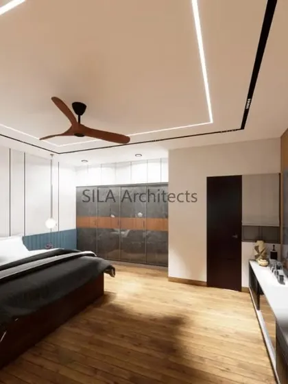A master bedroom render featuring a mix of textures, including a paneled headboard, wooden flooring, and a stone-finish TV wall. The integrated lighting enhances the room's modern feel.