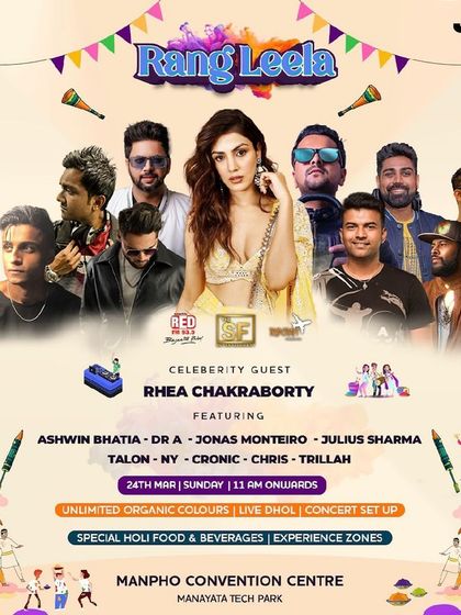 Get ready to paint the town with joy at Rang Leela, Bengaluru's most awaited Holi event. A poster for a massive festival gig.