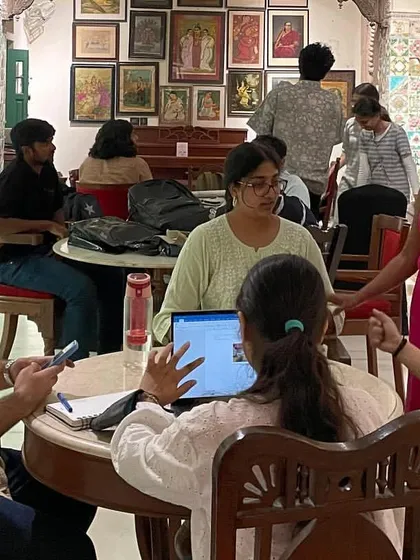 Students collaborating in small groups at Kathika in Old Delhi. The workshop focused on reimagining museums for education and research, using the historic space as a live case study for adaptive reuse.