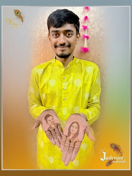 The final look of the groom's portrait mehndi, a beautiful tribute to his relationship.