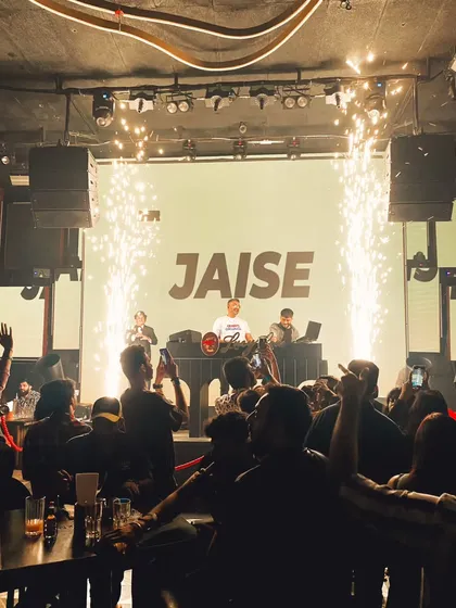 Another angle of the pyro show. The words on the screen are part of the custom visuals I use to enhance the musical story.