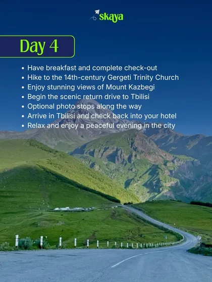 Here's a peek at the itinerary for our Georgia trip with host Ashwini. Day 4 includes a hike to Gergeti Trinity Church and enjoying the stunning views of Mount Kazbegi.