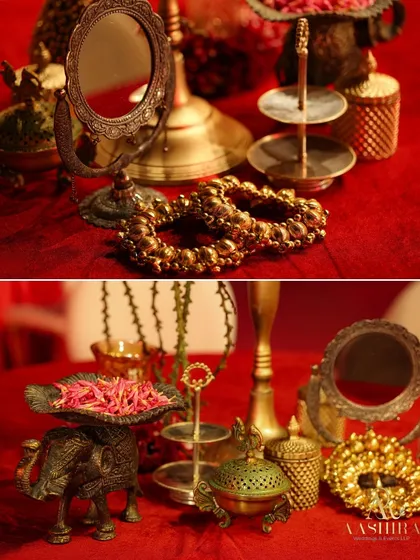 A collage of traditional decor elements, including brass bangles, antique mirrors, and elephant-shaped incense holders, used to style the event space with cultural richness.