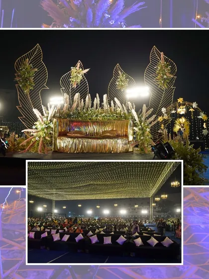 A collage showcasing a 'Starry Night' themed sangeet. The decor features a canopy of fairy lights, a stage with large golden leaf motifs, and comfortable lounge seating for guests to enjoy the show.
