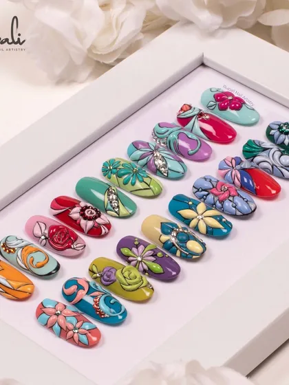 A framed collection of my 3D floral and swirl designs. This shows the sheer variety of art you can create once you master the emboss gel technique.