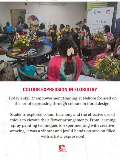 This poster captures a moment from our color theory session in Nellore. We believe that understanding color harmony is essential for creating expressive and elevated floral arrangements, and this hands-on session was filled with artistic discovery.