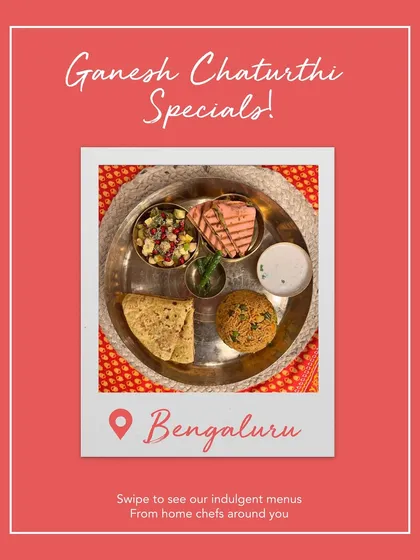 Enjoy the warmth of homemade delights for Ganesh Chaturthi. This image showcases a special festive thali, thoughtfully prepared to bring traditional flavours to your doorstep.