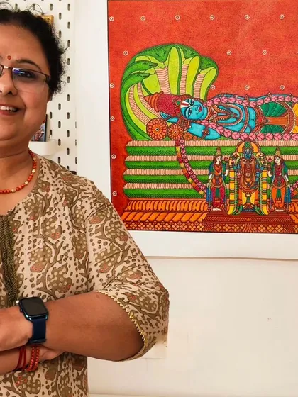 Standing next to the completed Lord Ranganathar painting, a 24x20 inch piece created for a housewarming. Every large canvas like this is a journey, and I feel blessed to create art that becomes a centerpiece of a family's home.