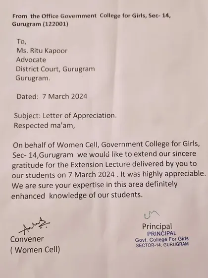 A heartfelt letter of appreciation from the Principal of Government College for Girls, Gurugram, for an extension lecture I delivered to their students.