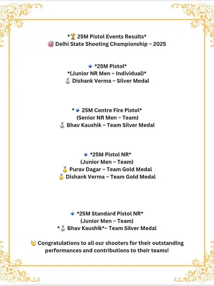 The results from the 25M Pistol events at the Delhi State Championship, where our shooters secured multiple team and individual medals. We provide specialized training for rapid fire and standard pistol events.