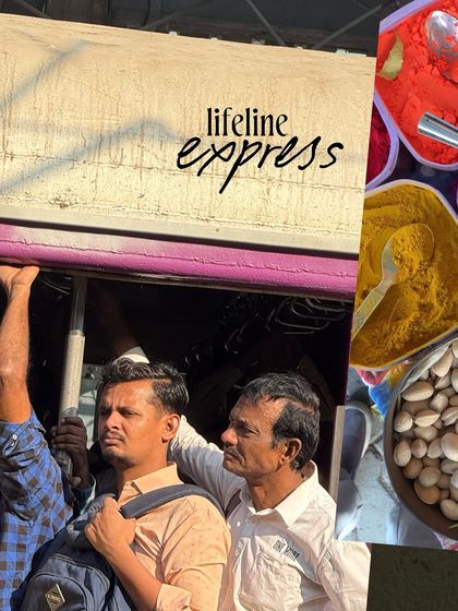 A maximalist collage featuring the lifeline express of a local train, colorful powders, and pistachios from a market stall.