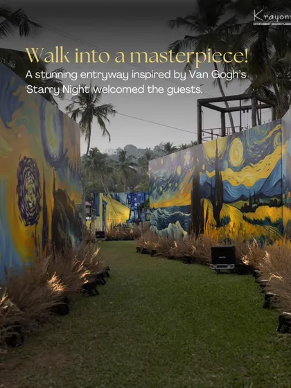 A stunning entryway inspired by Van Gogh's "Starry Night" welcomes guests to a unique Mehendi function. We love bringing artistic visions to life.