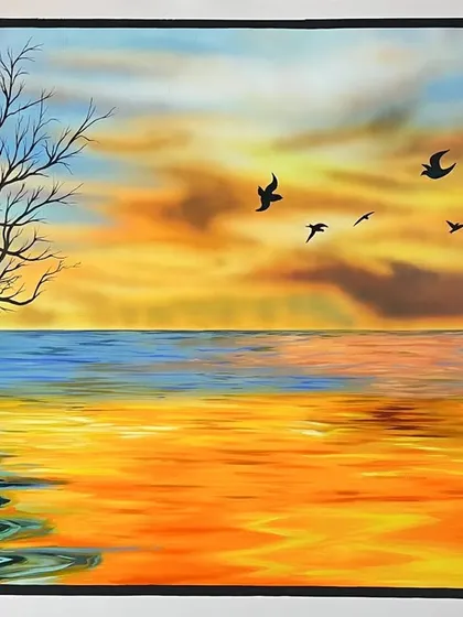 A beautiful sunset can be on your wall forever. This 8x5 feet living room mural captures the warm glow of a sunset over the water, complete with realistic reflections and silhouettes of trees and birds, creating a peaceful and scenic view.